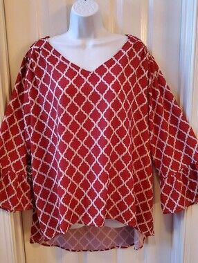 Women's Red Patterned V-Neck Blouse With Trumpet Sleeves Sz. XL